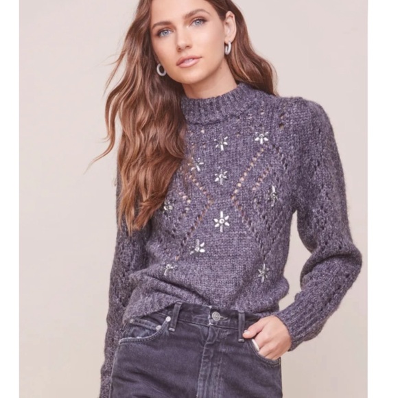 ASTR REVOLVE Gray Jewel Embellished Mock Neck Puff Sleeve Pointelle Wool Sweater - Picture 12 of 14